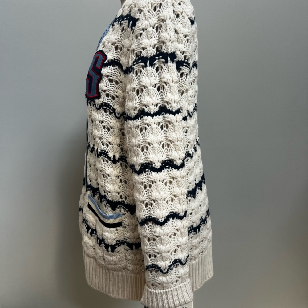 Chic Sandro Cream and Navy Knit Cardigan L - Picture 5 of 10